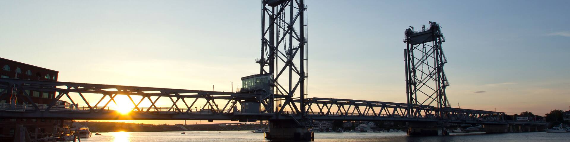 USA, Portsmouth, New Hampshire Bridge, Sunset
