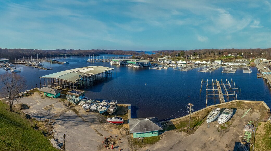 Aerial panorama of Fredericktown Georgetown marina on the Sassafras river near in Maryland with view of the drawbridge winterized sailboats in Cecil county