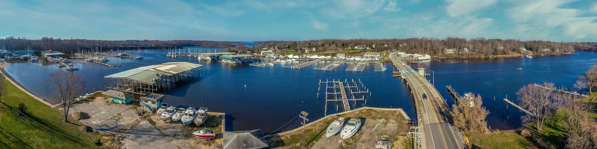 Aerial panorama of Fredericktown Georgetown marina on the Sassafras river near in Maryland with view of the drawbridge winterized sailboats in Cecil county