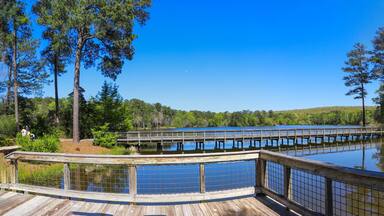 A wooden deck overlooking a calm lake with a wooden pier extending into the water.