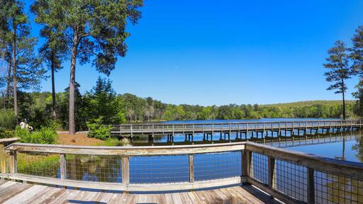 Une terrasse en bois surplombe un lac paisible, et une jetée en bois s’avance dans l’eau.