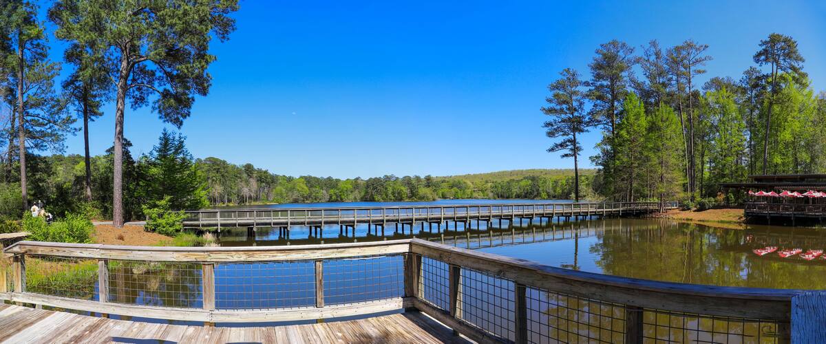 A wooden deck overlooking a calm lake with a wooden pier extending into the water.