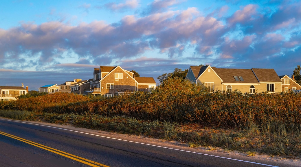 Dramatic cloudscape over the coastal village along the shore road on Cape Cod
