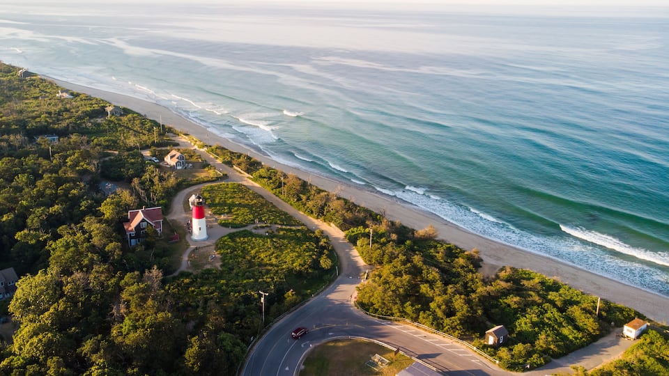 Nauset Beach with Nauset Light, aerial view