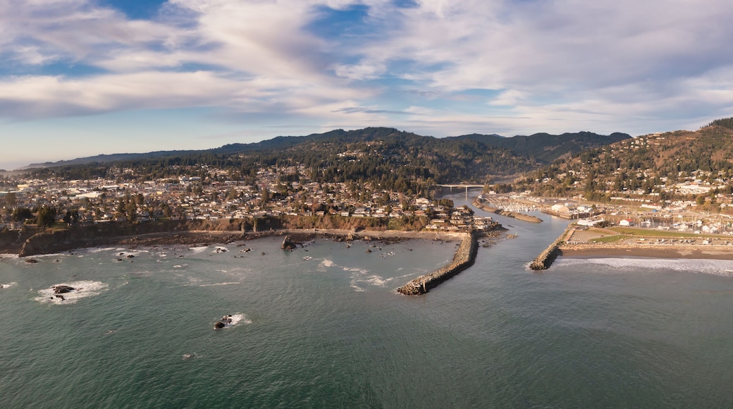 Brookings, Oregon, USA. Panorama of harbor entrance and mouth of Chetco River