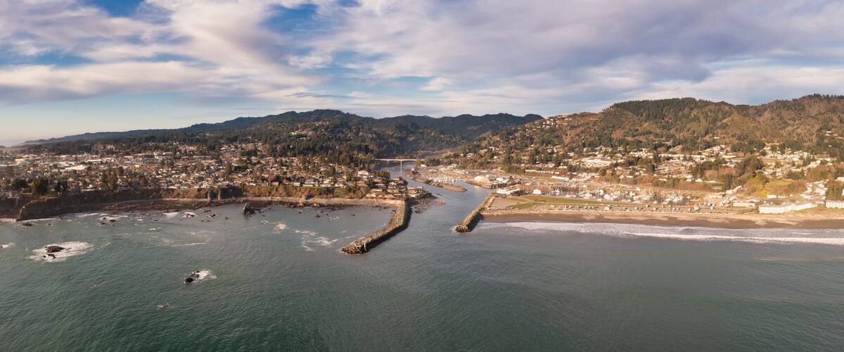 Brookings, Oregon, USA. Panorama of harbor entrance and mouth of Chetco River