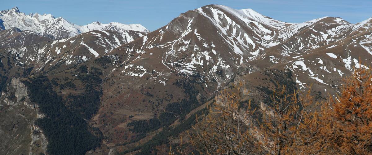 Snow-capped mountains, a valley, and autumn-colored trees.