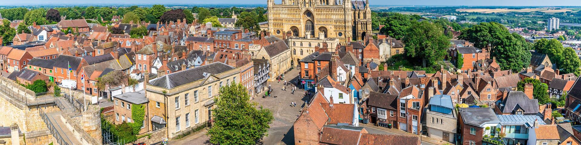A panorama view from the castle battlements towards the Cathedral and surrounding district in Lincoln, Lincolnshire in summertime