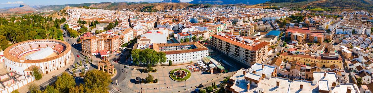 Antequera city aerial panoramic view in Spain