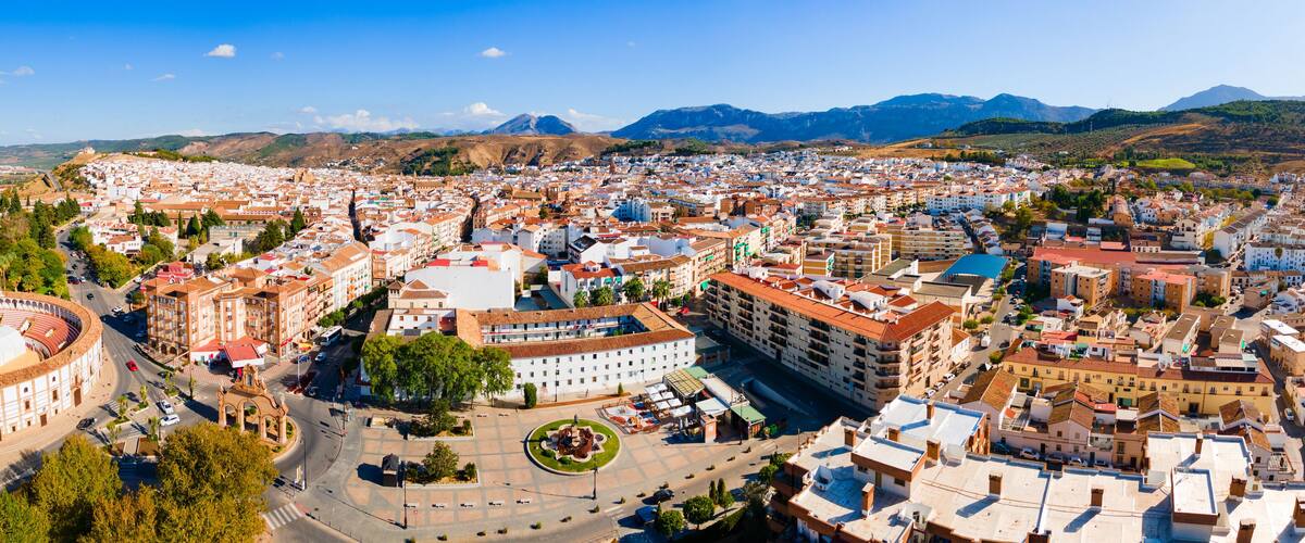 Antequera city aerial panoramic view in Spain