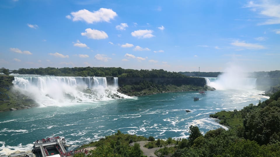 Wide view of Niagra Falls on a sunny day.