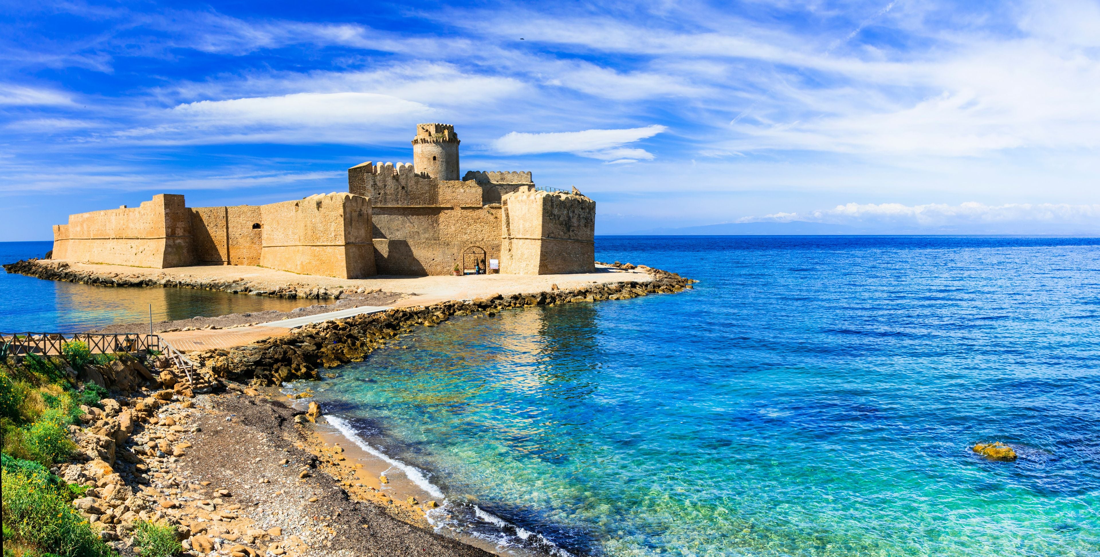 Italy Calabria Le Castella Aragonese castle in turquoise Ionian sea. High resolution panorama for wall print Mediterranean aesthetics Isola di Capo Rizzuto