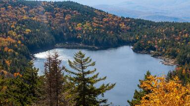 Un lac entouré d’arbres aux couleurs automnales et un paysage montagneux.