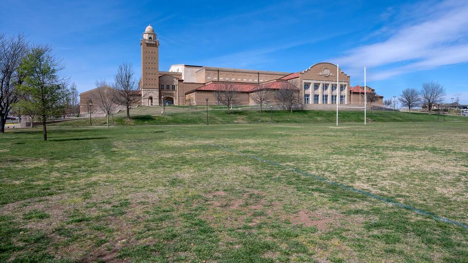 Panorama of the arena and its tower on the campus of Texas Tech University in the city of Lubbock