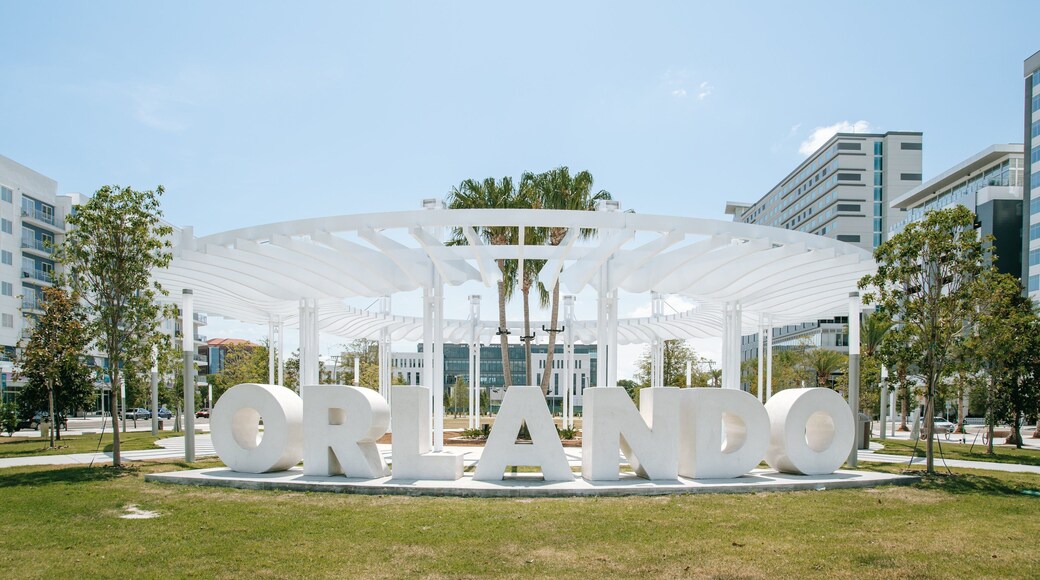 Lake Dot which includes signage and a garden