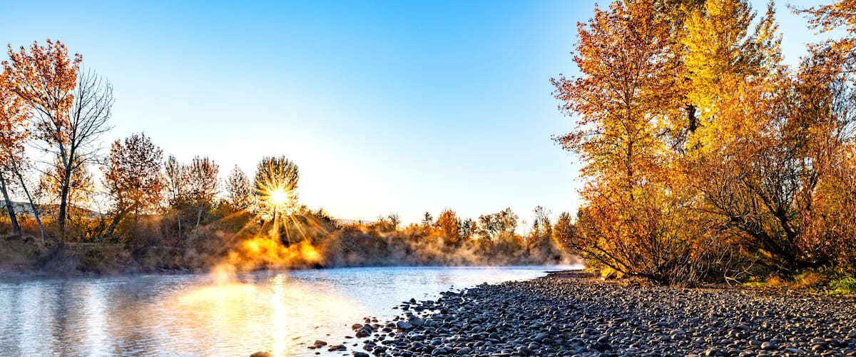 Fall misty sunrise on the Boise River Idaho