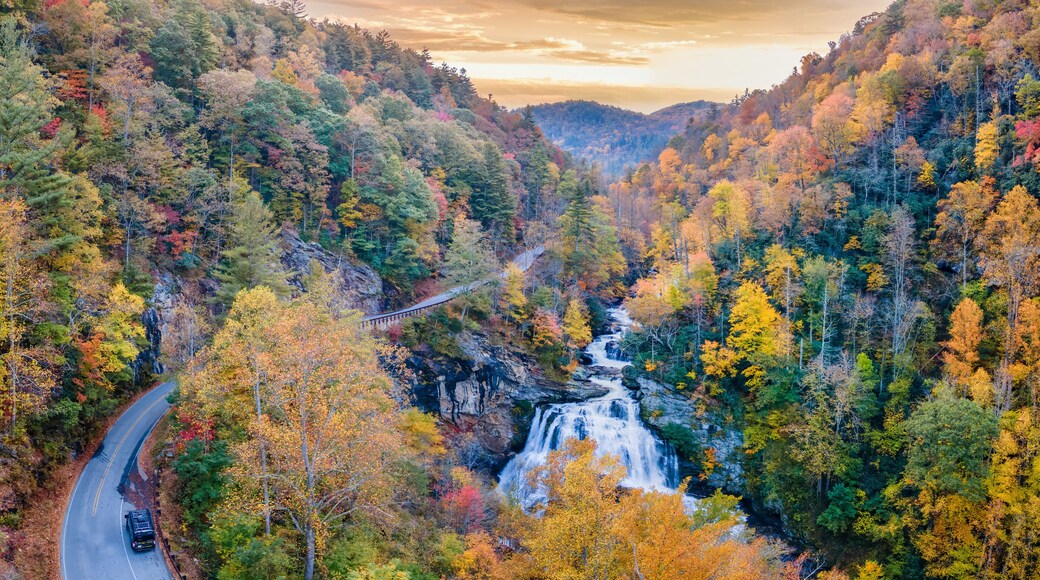 Morning Autumn view of Cullasaja Falls on US Highway 64, Mountain Waters Scenic Highway & Waterfall Byway near Highlands, North Carolina - Nantahala National Forest