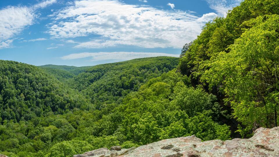Whitaker Point Landscape view from rock cliff hiking trail, Ozark mountains, nwa northwest arkansas