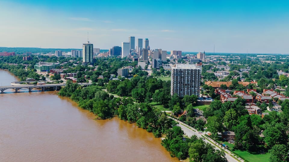 Arkansas River and downtown Tulsa, Oklahoma, United States.