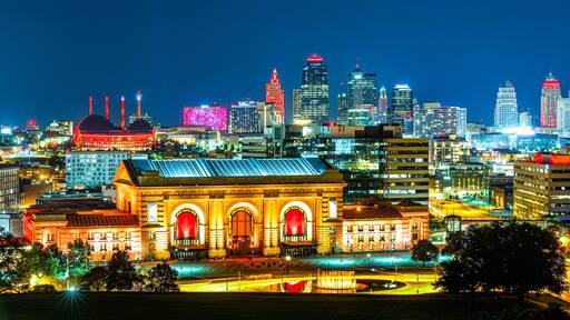 Kansas City skyline by night, viewed from Liberty Memorial Park, near Union Station. Kansas City is the largest city in Missouri.