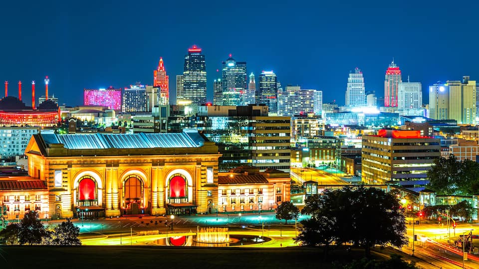 Kansas City skyline by night, viewed from Liberty Memorial Park, near Union Station. Kansas City is the largest city in Missouri.