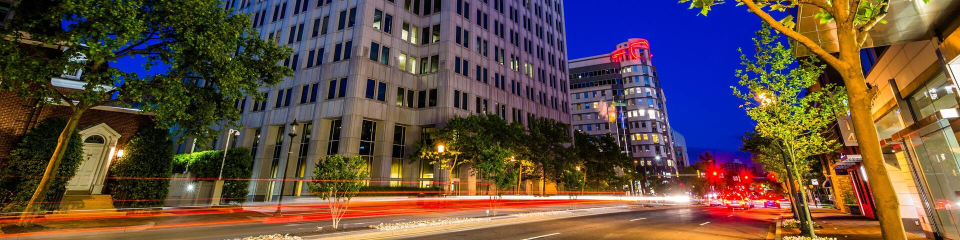 Wisconsin Avenue at night, in downtown Bethesda, Maryland.