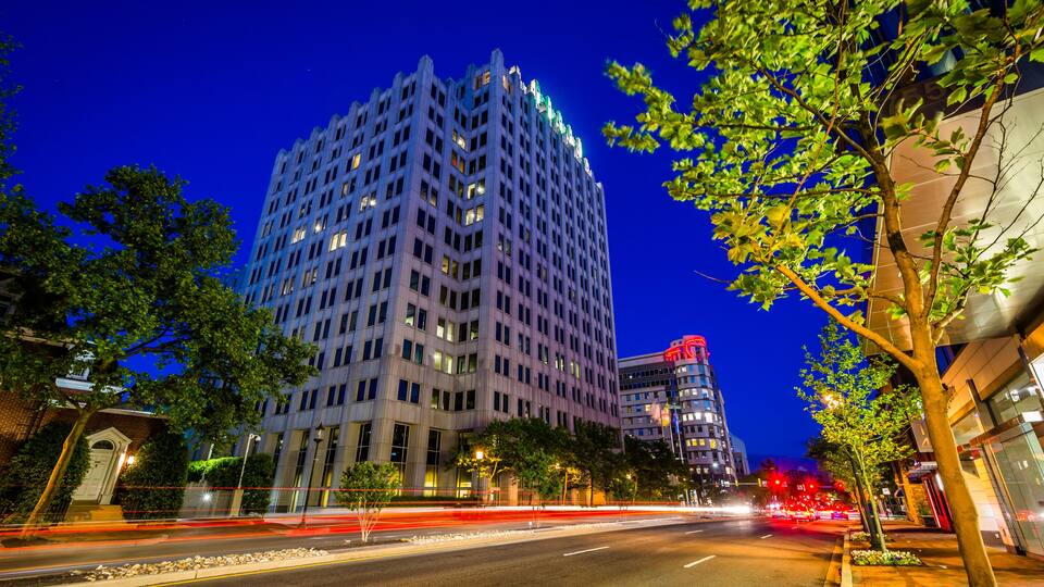 Wisconsin Avenue at night, in downtown Bethesda, Maryland.