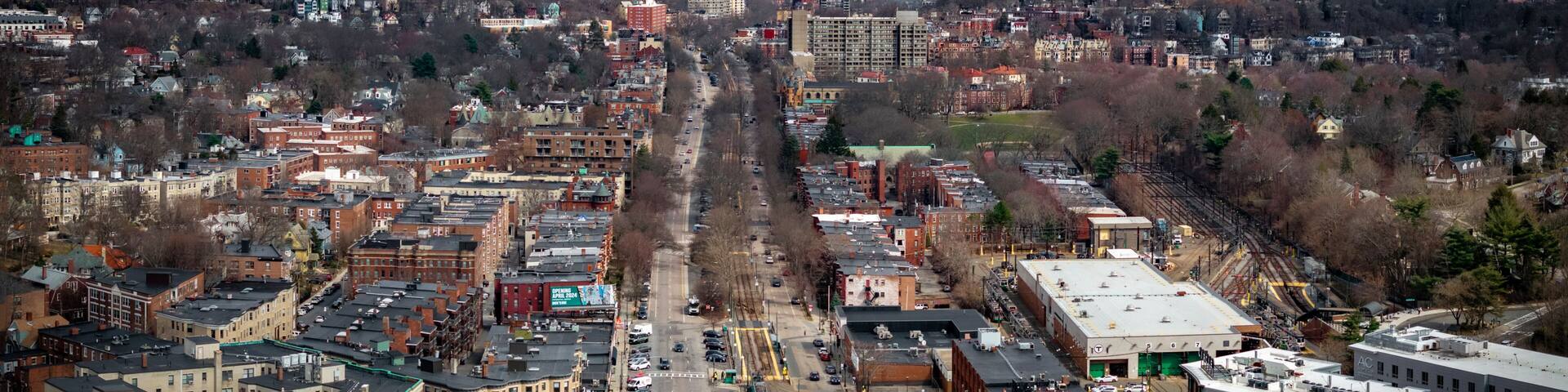 Aerial view of modern city skyline with residential area and downtown, Brighton, Massachusetts, United States.
