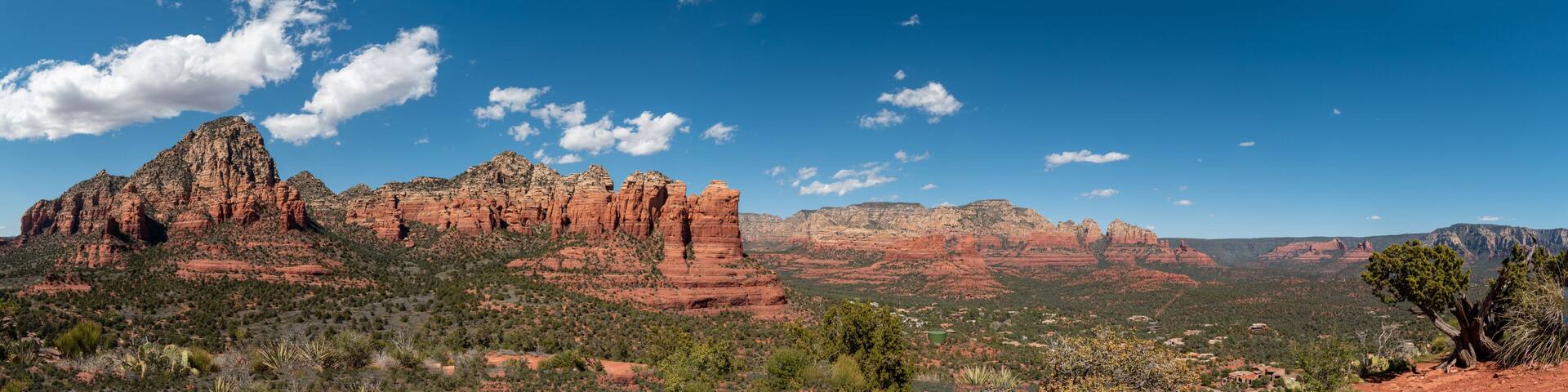 A desert landscape with red rock formations and sparse vegetation under a clear blue sky.