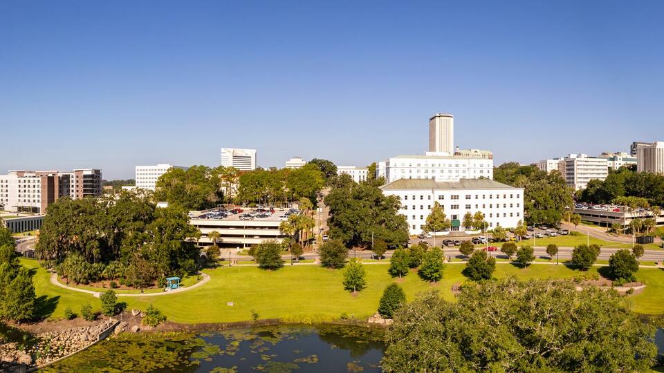 Aerial panorama Cascades Park Downtown Tallahassee