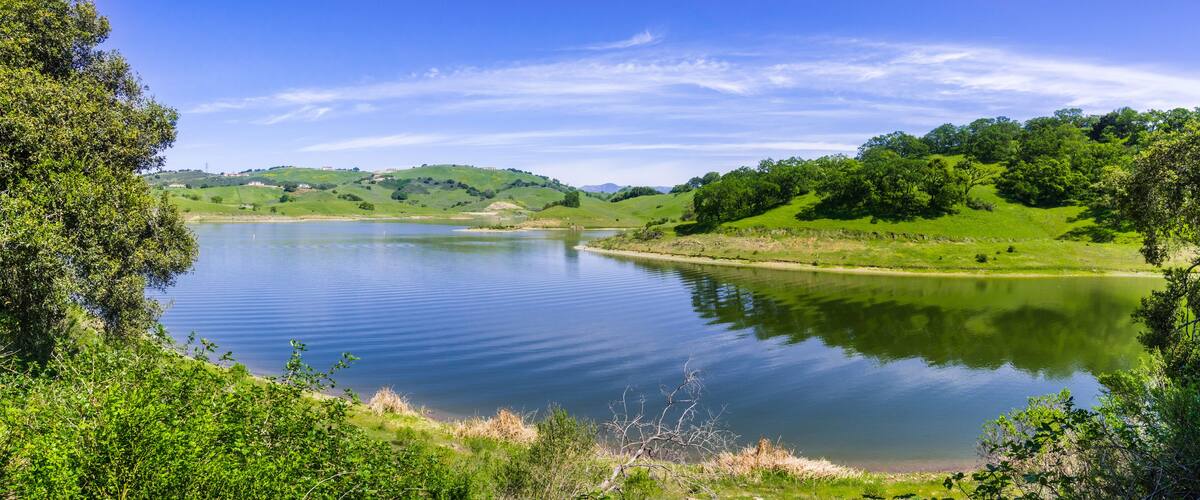 Panoramic view of Calero reservoir, Calero county park, Santa Clara county, south San Francisco bay area, California