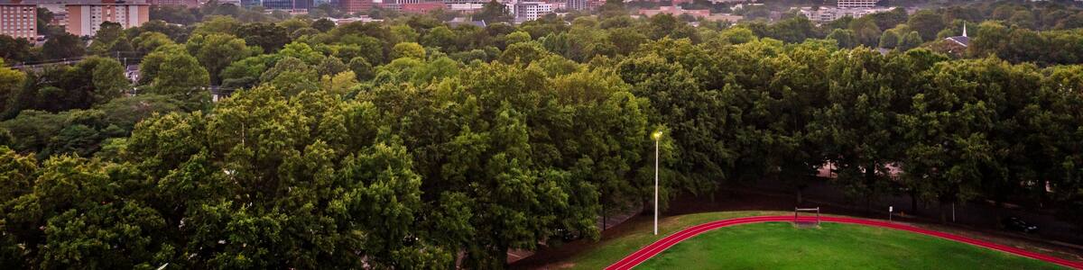 A city skyline at sunset with a green park in the foreground.