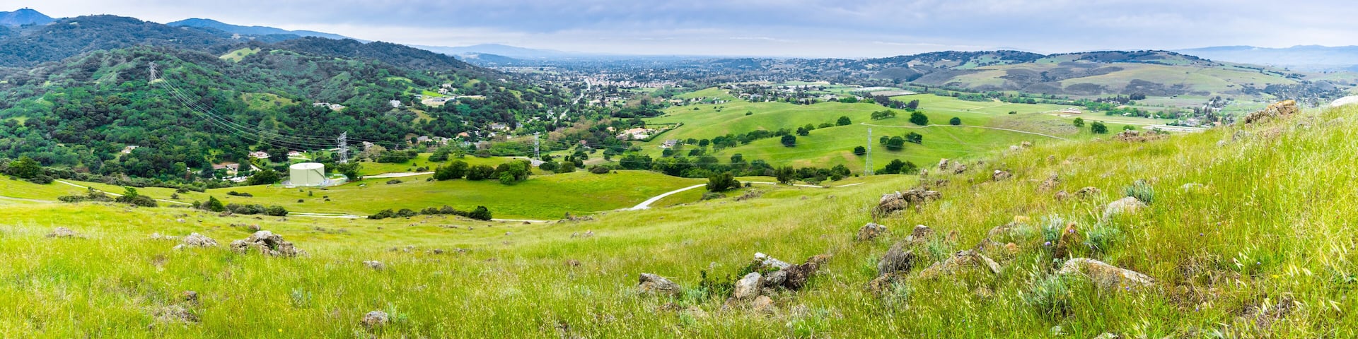 Panoramic view of hills and valleys in south San Francisco bay area, Santa Clara county; Almaden valley in the background; San Jose, California
