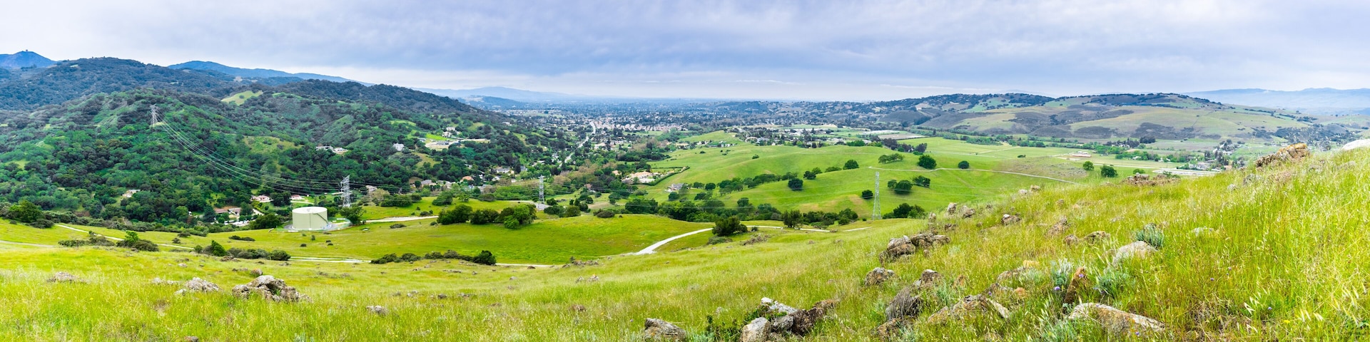 Panoramic view of hills and valleys in south San Francisco bay area, Santa Clara county; Almaden valley in the background; San Jose, California