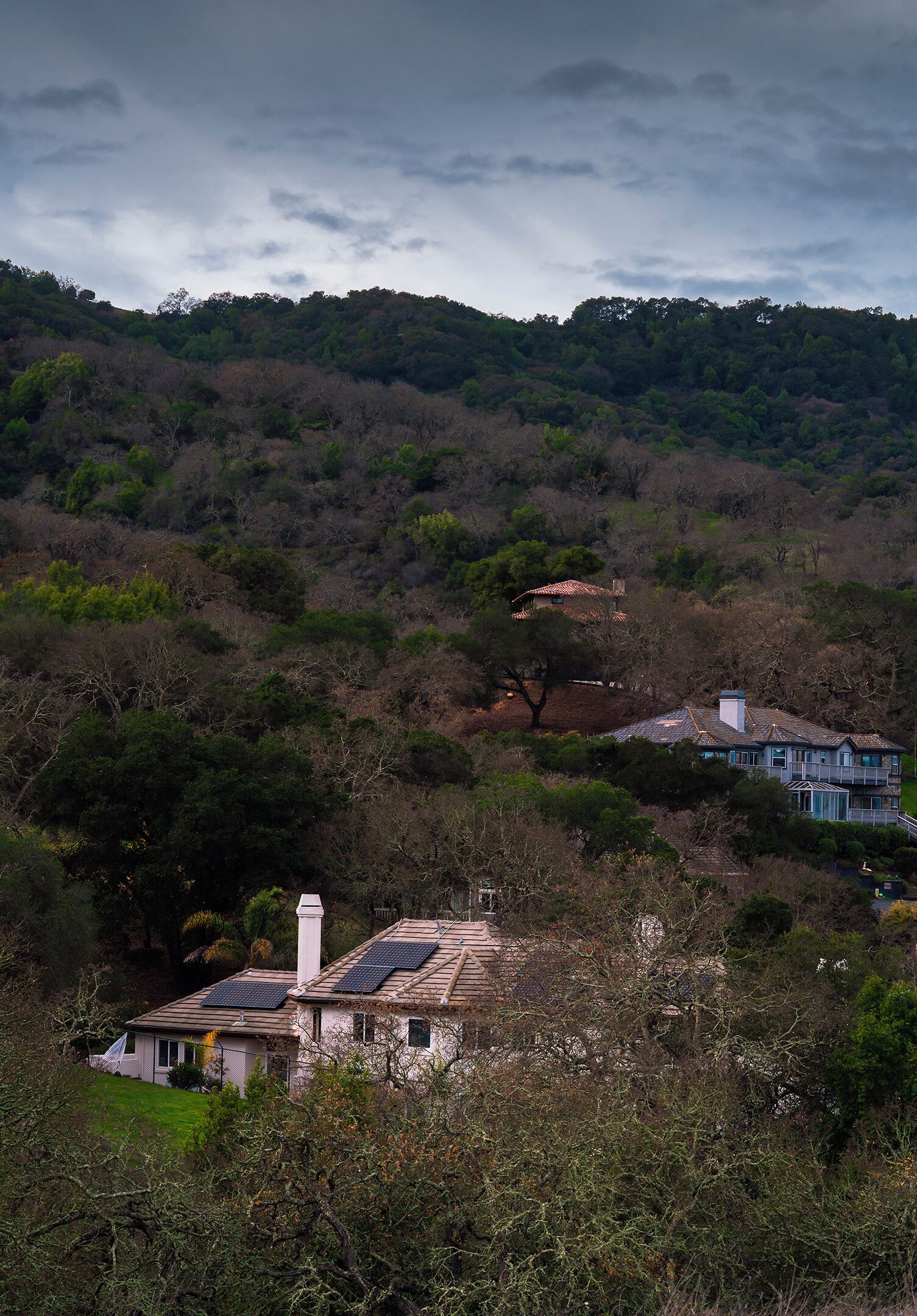 A house surrounded by dense forest and hills.
