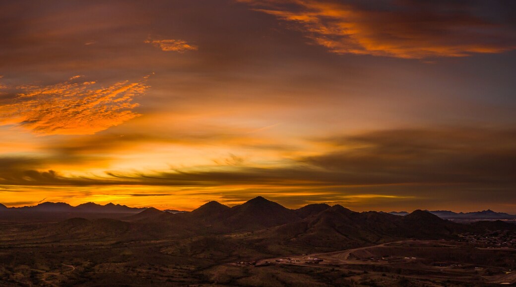 Panoramic image of a sunset over the Sonoran Desert of Arizona.