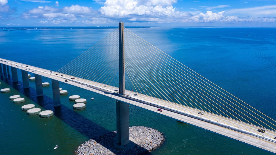 Sunshine Skyway bridge drone view looking north towards Pinellas county