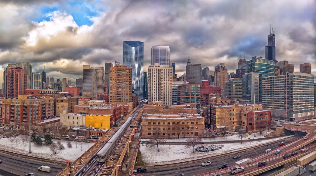 Chicago Panorama on a cloudy winter day. Chicago, Illinois, USA.