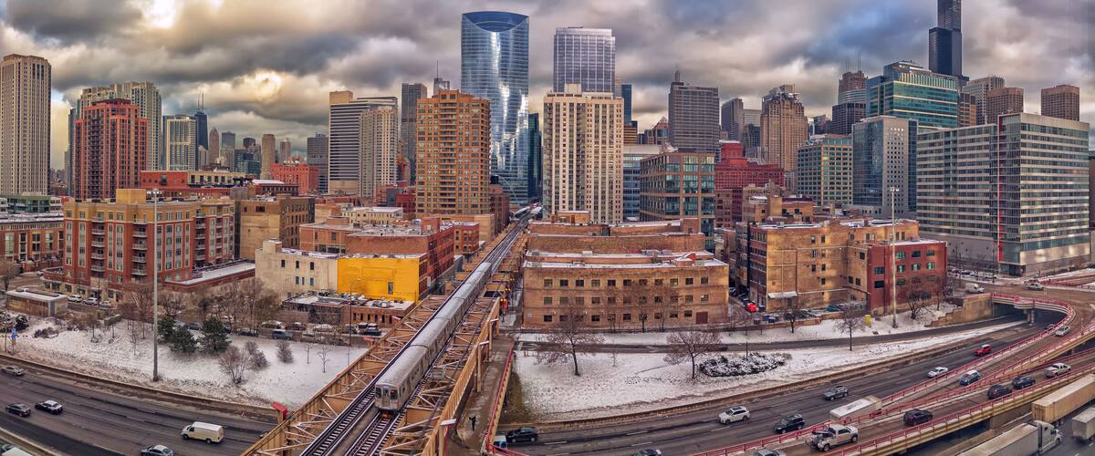 Chicago Panorama on a cloudy winter day. Chicago, Illinois, USA.
