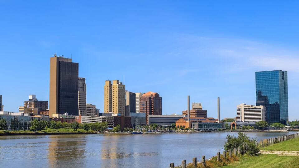 View of downtown Toledo skyline in Ohio, USA seen across Maumee River
