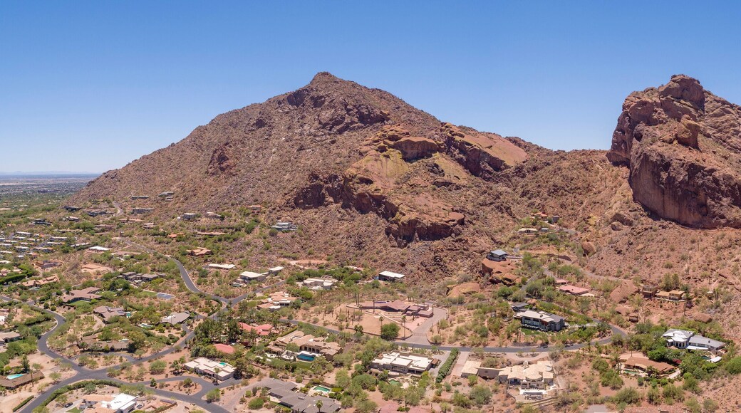This is a 4 image aerial panoramic of iconic Camelback Mountain in Phoenix, Arizona, USA