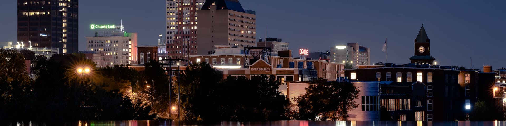Twilight view of Manchester, NH city skyline