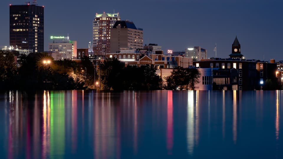 Twilight view of Manchester, NH city skyline