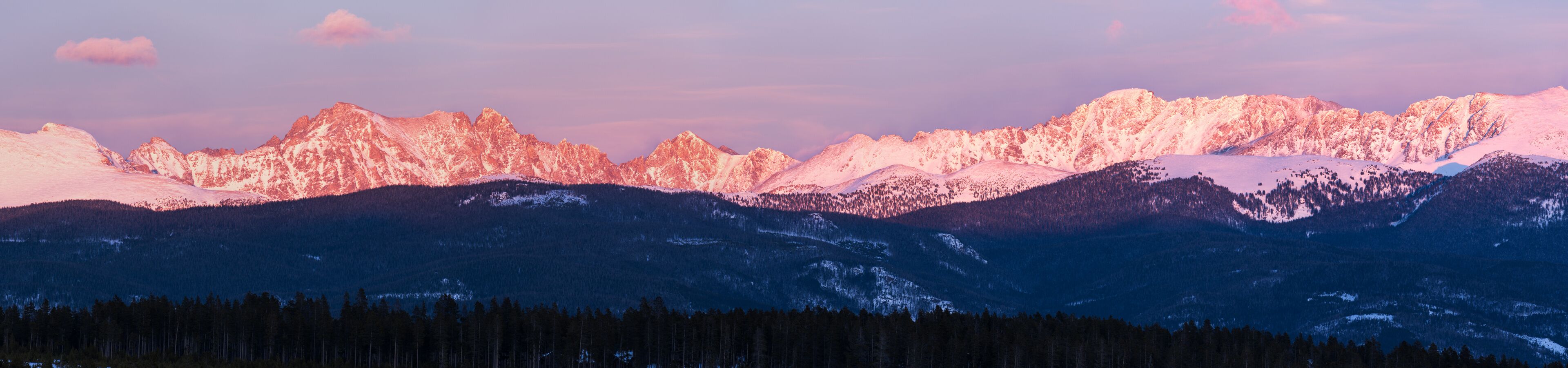 Winter panorama of the Indian Peaks Mountain Range viewed from Fraser Colorado. 
