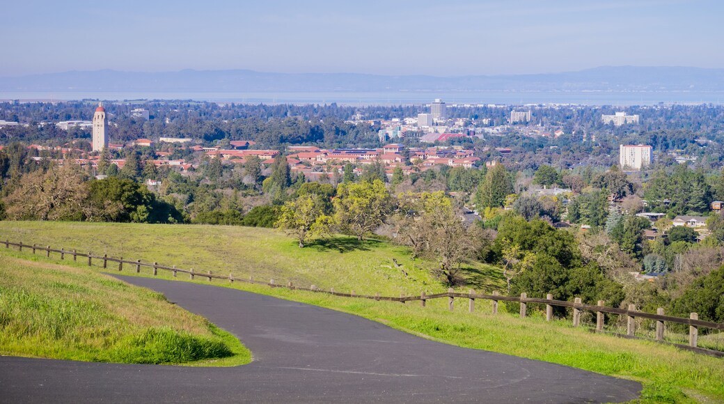 Paved running trail on the Standford dish surrounding hills; Stanford campus, Palo Alto and Silicon Valley skyline in the background, San Francisco bay area, California