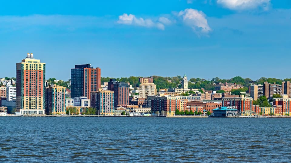 Skyline of Yonkers, New York with the Hudson River in front