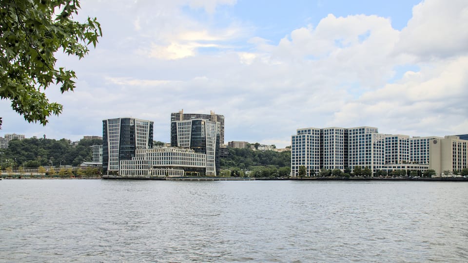 residential buildings on weehawken waterfront in hoboken new jersey (nj real estate apartments housing flats condo co-op condominium) city urban living lifestyle modern hudson nyc views new york city