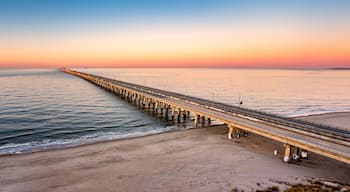 Aerial panorama of Chesapeake Bay Bridge Tunnel at sunset. CBBT is a 17.6-mile bridge tunnel that crosses the mouth of the Chesapeake Bay.