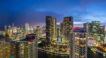 Aerial view of futuristic and luxurious city skyline at night, Miami, Florida, United States.