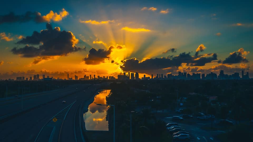 beautiful yellow color sunlight city architecture nature sunrise sunset sun sky cloud dusk landscape lighting miami florida orange blue horizon lake dawn early twilight water town buildings river skys